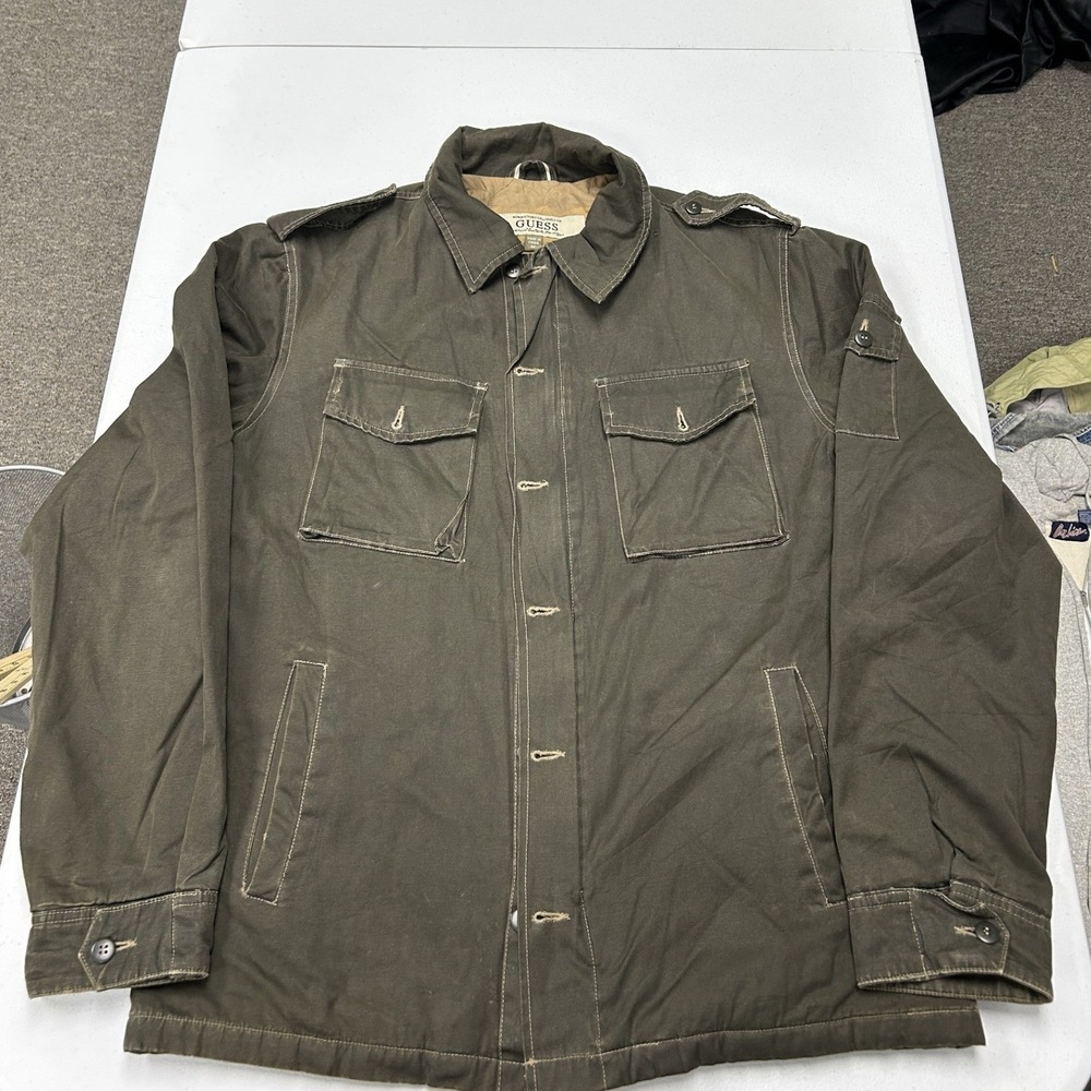Guess Field Jacket Mens Medium Olive Green Canvas Military Utility Quilted Liner
